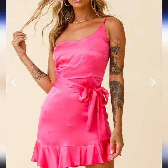 SELFIE LESLIE DON'T WAIT UP ONE SHOULDER WAIST TIE DRESS HOT PINK - Picture 7 of 12